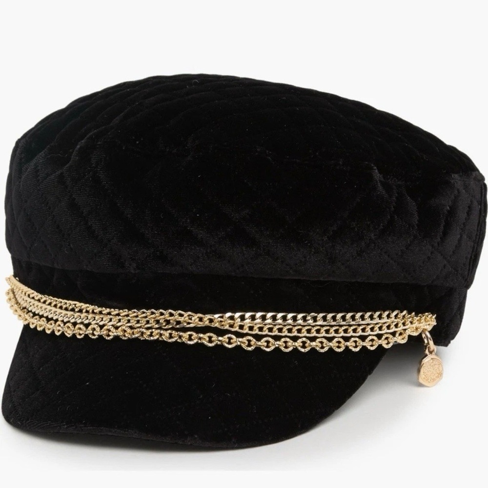 Vince Camuto Black Velvet Hat with Gold Chain NWOT